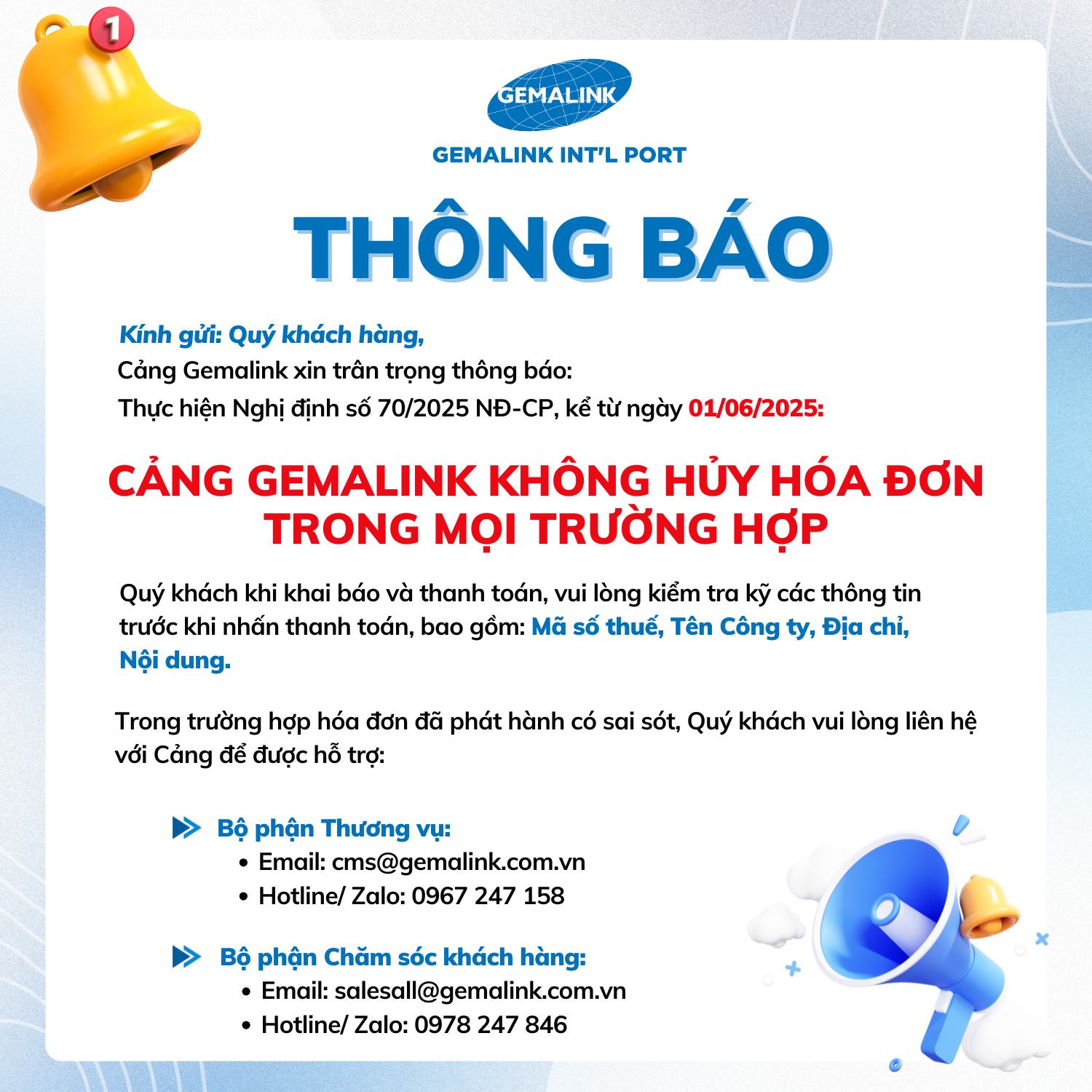 THÔNG BÁO: KỂ TỪ NGÀY 01/06/2025, CẢNG GEMALINK KHÔNG HỦY HÓA ĐƠN TRONG MỌI TRƯỜNG HỢP